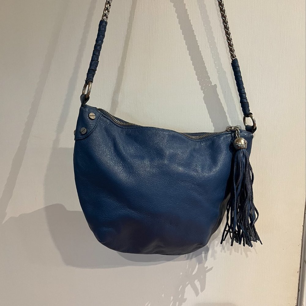 Deep Blue Foley + Corrina cross body metal strap bag